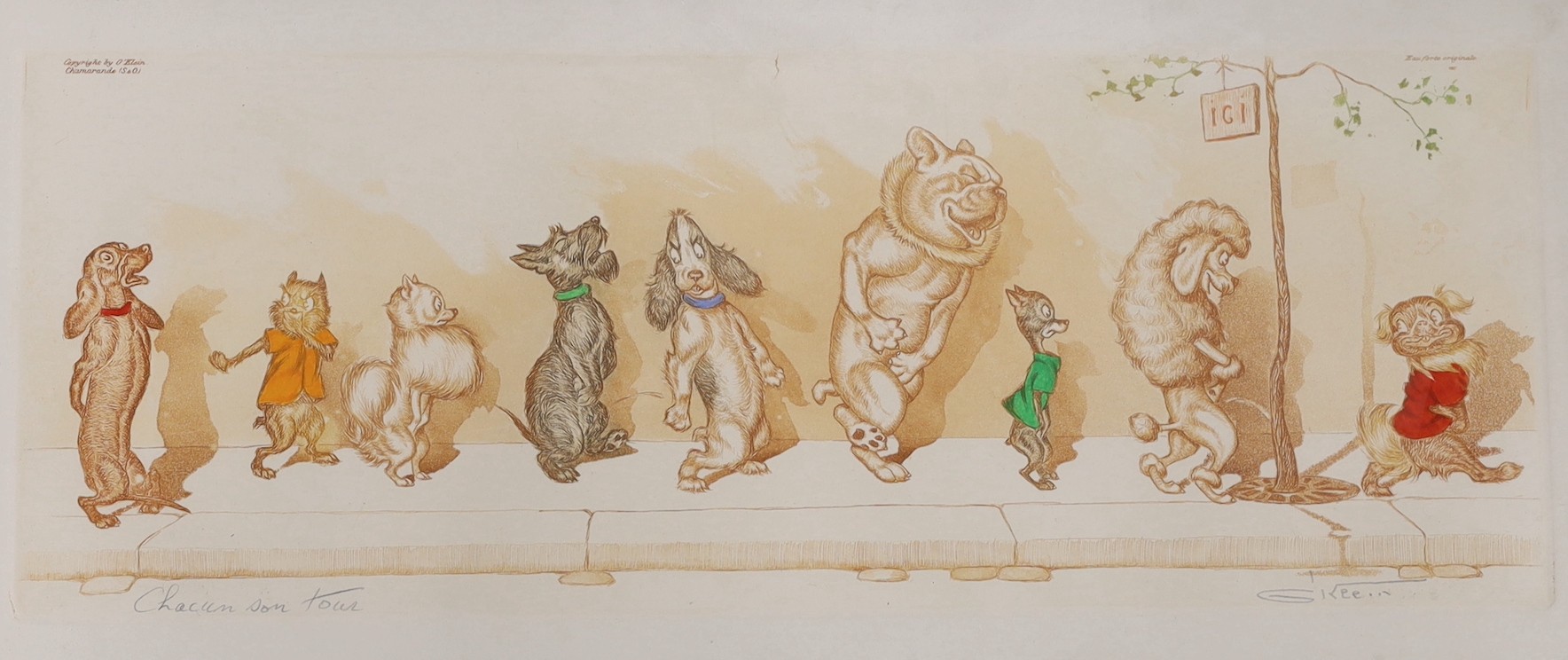 Boris O'Klein, four coloured aquatints from the Dirty Dogs of Paris series, signed in pencil, 17 x 44cm